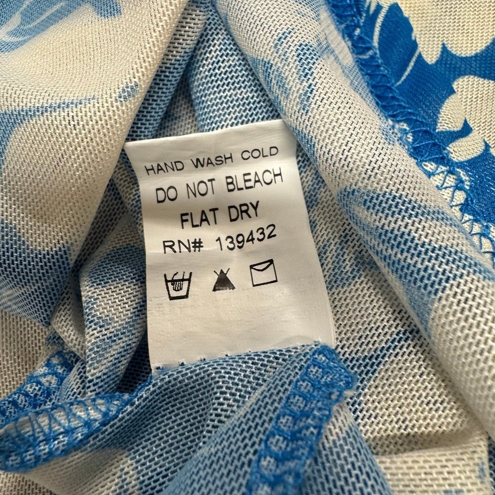 Y2K Mesh Rouched Button Top - Large - Blue and Offwhite Flowers Rave Festival - Picture 9 of 10